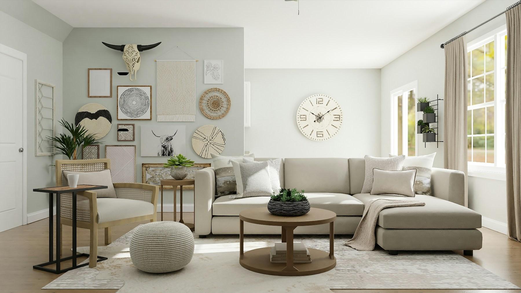 A warm finished living room with full-length curtains and considered furnishings